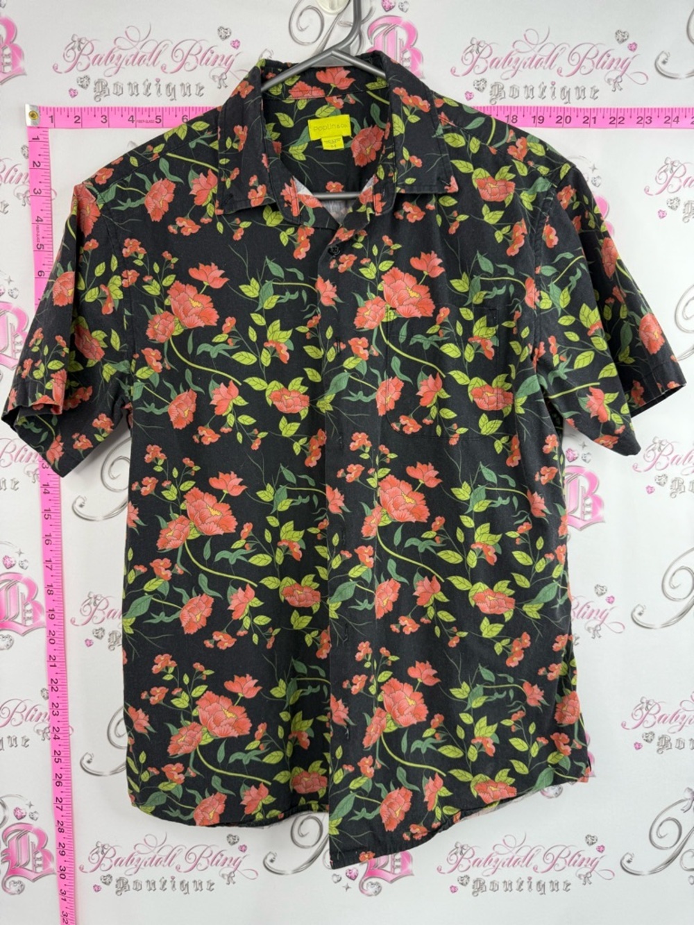 Poplin & co Casual Black Short-Sleeve Button-Down Shirt with Coral Floral Print